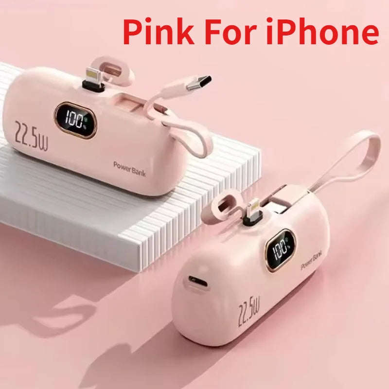 5000mAh/10000mAh Mini Capsule Power Bank 22.5W Super Fast Charging Built-in Cable Portable External Battery for IPhone  Huawei
